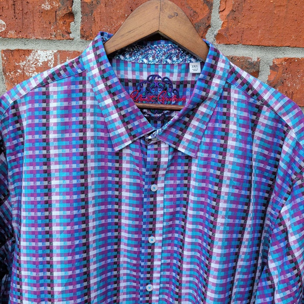 Robert Graham Shirt Mens 3XL Purple Blue Plaid Short Sleeve Cotton Button Down